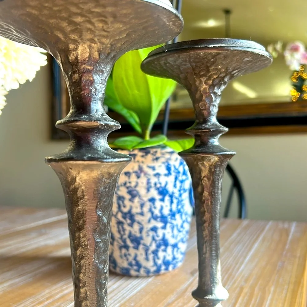 2 Pottery Barn Solid Wrought Iron Brutalist Candle Holders